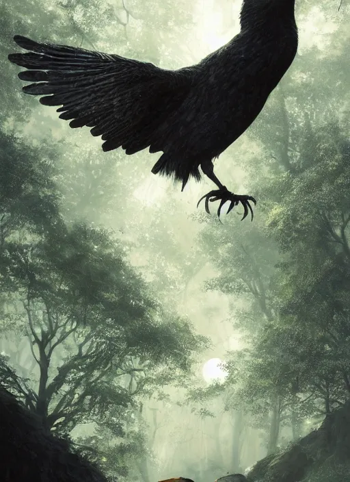 Image similar to glowing silver and golden elements, full close-up portrait, realistic crow, book cover, green forest, white moon, establishing shot, extremly high detail, photo-realistic, cinematic lighting, by Yoshitaka Amano, Ruan Jia, Kentaro Miura, Artgerm, post processed, concept art, artstation, matte painting, style by eddie mendoza, raphael lacoste, alex ross