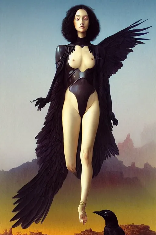 Image similar to fullbody or portrait, simple raven, perfect future, iridescent color palette, by wlop and karol bak and bouguereau and viktoria gavrilenko, 1 9 7 0 s retro future robot android. muted colors