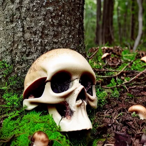 Image similar to a broken skull in the forest, mushrooms growing from cracks in the skull