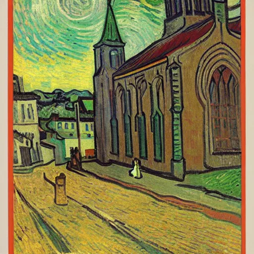 Image similar to a church bell on the ground in front of a church, by Vincent van Gogh