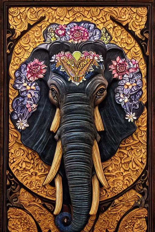 Image similar to Painted dark-wood panel relief carving of a close up of a Flowerpunk Matriarch Elephant, ornate border frame, explosion of colorful flowers, dark wood, intricately carved, black ink, festival of rich colors, intricate details, cinematic lighting, volumetric lighting, post-processing, art nouveau, tarot, fractal art, mandala, by andreas rocha and john howe, and Martin Johnson Heade, featured on artstation, featured on behance, golden ratio, hyper detailed, photorealistic, epic composition, center spotlight, f32, well composed, symmetrical, UE5, 8k