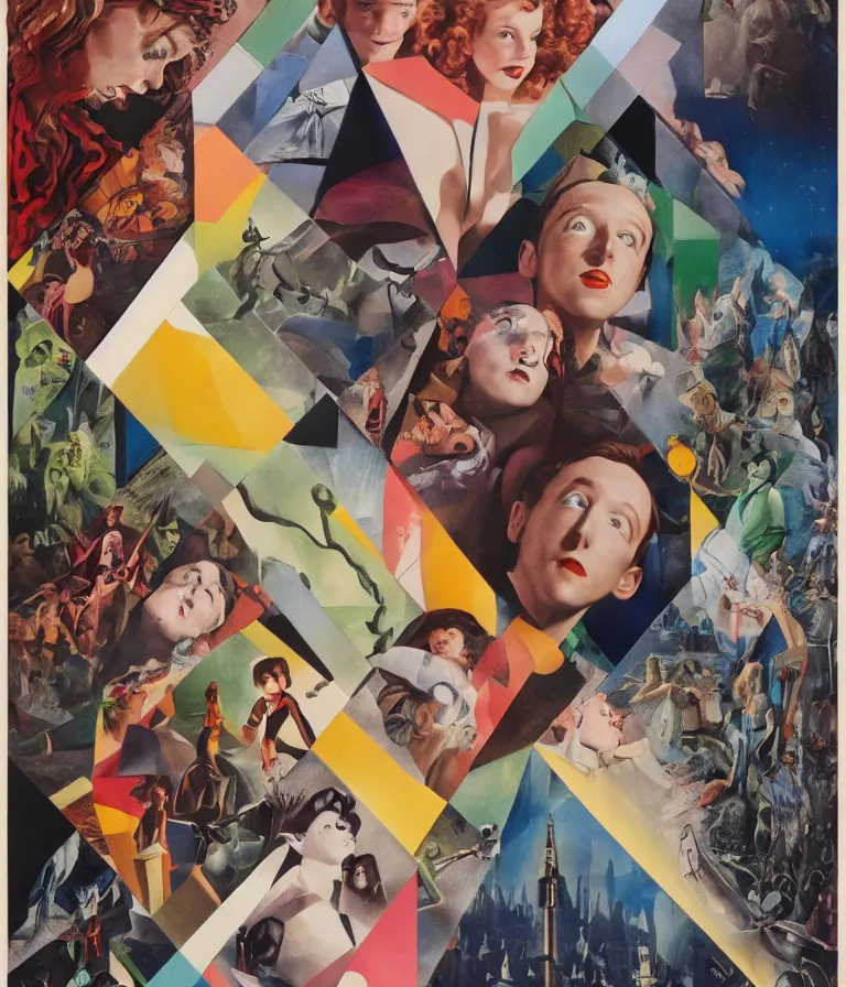 Prompt: Beautiful Fantasy Movie Poster made for the film The Wizard of Oz (1941) starring Taylor Swift and Mark Zuckerberg and Jeff Bezos and Elon Musk, constructivist oil paint and ink collage by Man Ray and Marcel Duchamp , Vivid color trending on artstation Cinematic lighting dada collage!! 8k