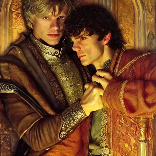 Image similar to handsome arthur pendragon in love with handsome merlin the mage. merlin is also in love with arthur. highly detailed painting by gaston bussiere, craig mullins, j. c. leyendecker