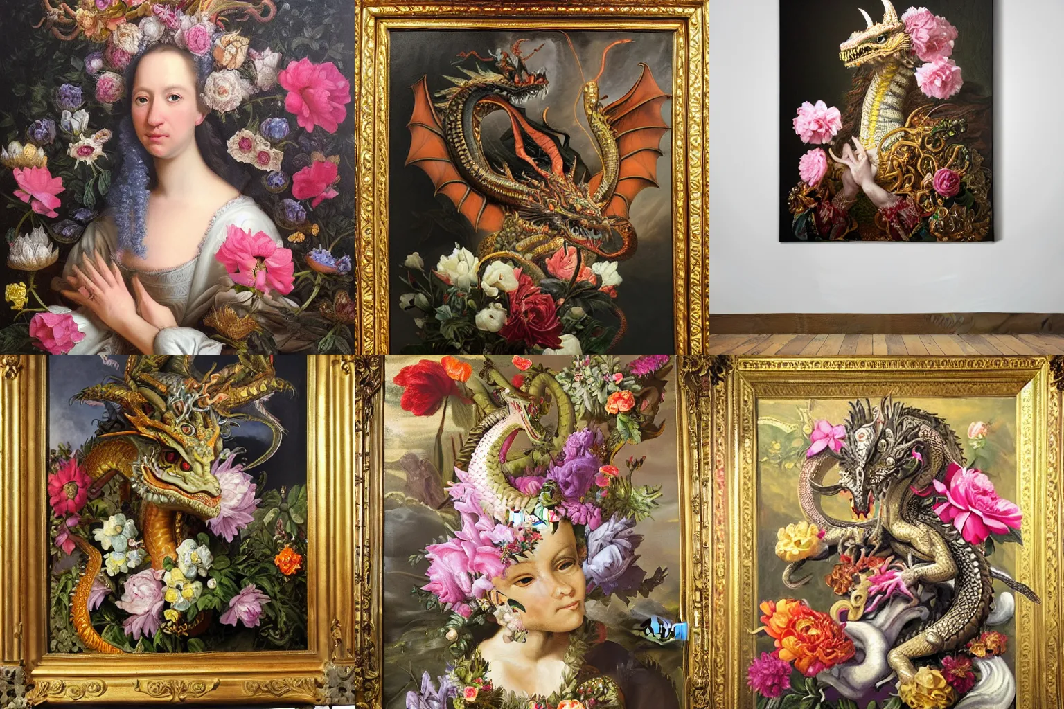 Prompt: Baroque portrait of a dragon surrounded by flowers. Highly detailed, anatomically correct, dramatic lighting, oil paint on canvas
