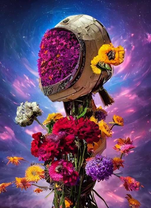 Image similar to An epic fantastic realism comic book style painting of the most beautiful flowers launched into space, bouquets, Shamanic Mask made of flowers, fisheye lens, unreal 5, DAZ, hyperrealistic, octane render, dynamic lighting