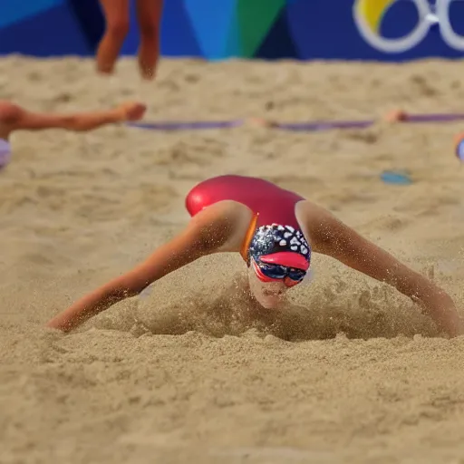 Image similar to olympic swimming in sand instead of water, extremely coherent, motion blur