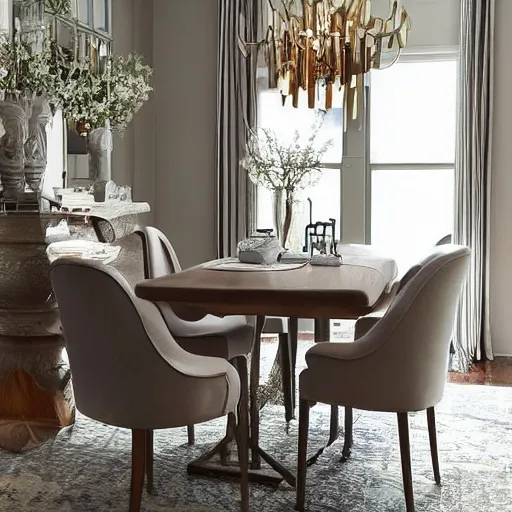 Image similar to chair with 6 legs located in a modernly decorated dining room, highly detailed, soft curves, joanna gaines styles