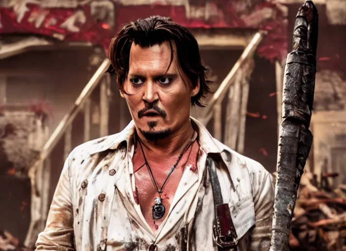 Image similar to Johnny Depp playing Ash Williams in Ash vs Evil Dead, film still, 4k