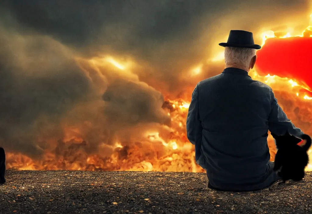 Image similar to old man sitting with black cat watching nuke explosion close up shot from behind, cinematic movie close up shot from behind, background blur bokeh, world ending nuke, 4 k