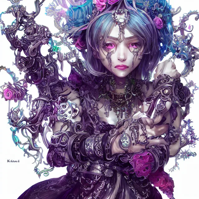 Image similar to the portrait of chaotic evil female necromancer mastermind as absurdly beautiful, gorgeous, elegant, cute young idol, an ultrafine hyperdetailed illustration by kim jung gi, irakli nadar, intricate linework, bright colors, octopath traveler, final fantasy, unreal engine 5 highly rendered, global illumination, radiant light, detailed and intricate environment