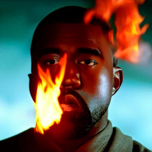 Image similar to cinematic film still of Kanye West starring as a Japanese Sensei with fire, Japanese CGI, VFX, 2003, 40mm lens, shallow depth of field, film photography