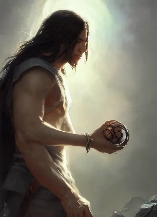 Prompt: side profile of a man with long black hair in brown rags holding a magical orb, fantasy, intricate, sharp focus, lens flare, bloom, illustration, highly detailed, digital painting, concept art, matte, art by ruan jia and wlop and greg rutkowski, masterpiece