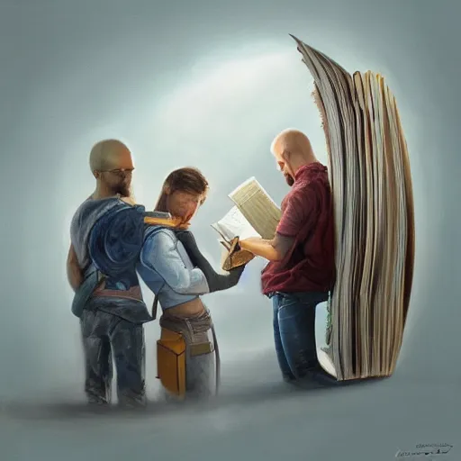 Image similar to a realistic painting of three male and one female characters emerging from inside a book, trending on artstation, detailed digital art