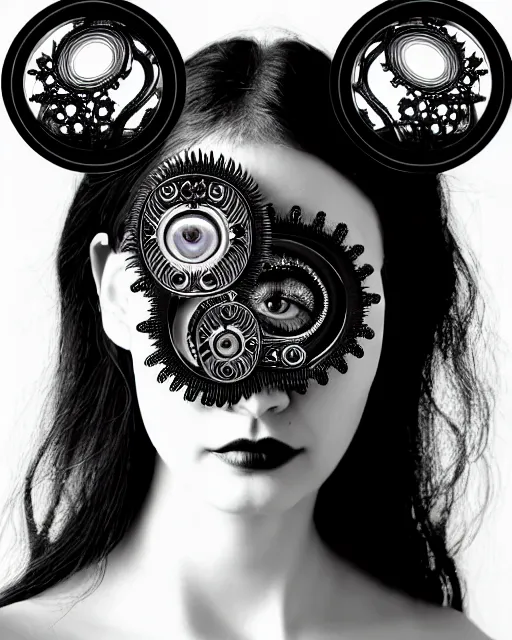 Image similar to black and white masterpiece profile portrait, one steampunk eye silver hexagonal meshes floral biomechanical beautiful young female cyborg, big monocular, volumetric light, hibiscus flowers, by hg giger, rim light, big gothic fashion pearl embroidered collar, 8 k