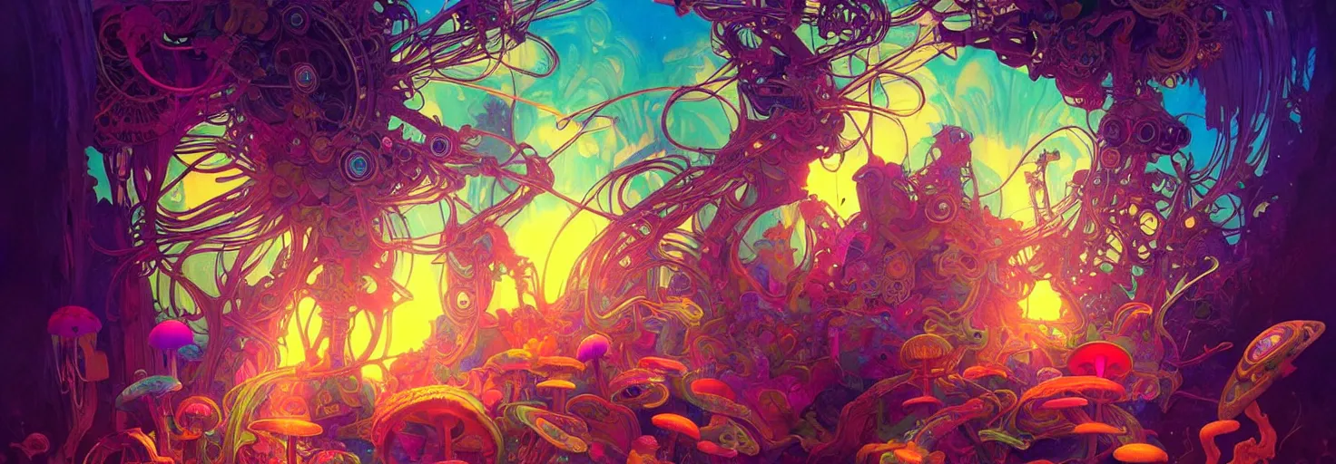 Image similar to An extremely psychedelic experience, colorful, surreal, dramatic lighting, magic mushrooms, psilocybin, LSD, mecha face, detailed, intricate, elegant, highly detailed, digital painting, artstation, concept art, smooth, sharp focus, illustration, art by Marco Plouffe, Krenz Cushart and Artem Demura and alphonse mucha
