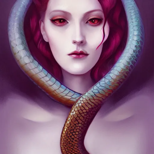 Prompt: portrait of a woman with a snake inspired by Charlie bowater,Anna Dittmann