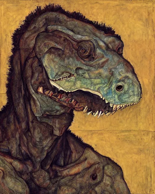 Image similar to portrait of a tyrannosaurus by egon schiele in the style of greg rutkowski