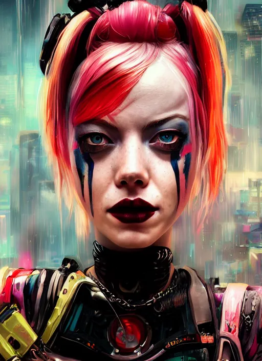 Image similar to cyberpunk portrait of emma stone as harley quinn, hyper detailed, digital art, trending in artstation, cinematic lighting, studio quality, smooth render, unreal engine 5 rendered, octane rendered, art style by klimt and nixeu and ian sprigger and wlop and krenz cushart.