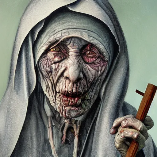 Prompt: a hyperrealistic painting of mother theresa as a zombie, holding a crucifix, by santiago caruso, highly detailed, sharp focus,