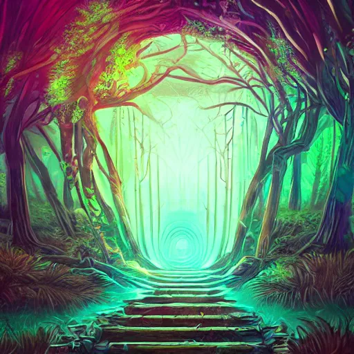 Image similar to a ancient portal to another dimension in the forest, retrowave art, vaporwave, trending on art station