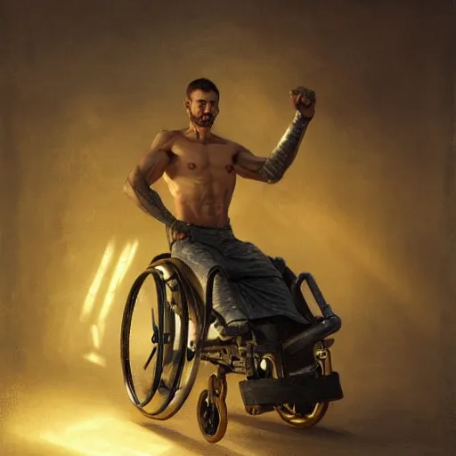 Prompt: handsome portrait of a wheelchair guy fitness posing, radiant light, caustics, heroic, smooth, one legged amputee, gehrnan, translucence, by gaston bussiere, bayard wu, greg rutkowski, giger, maxim verehin