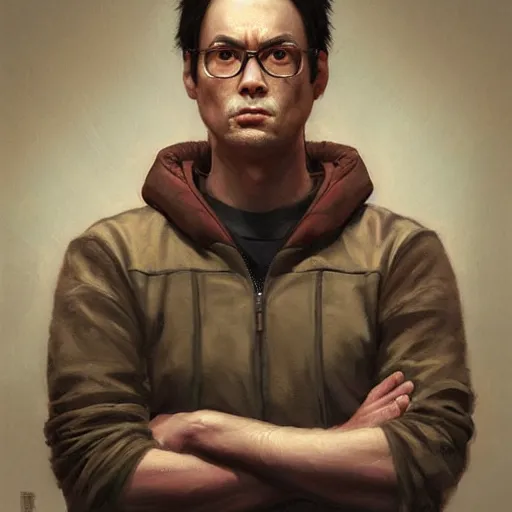 Image similar to hyper realistic, portrait of dwight shrute, ethnicity : japanese, painted by greg rutkowski, wlop, loish,