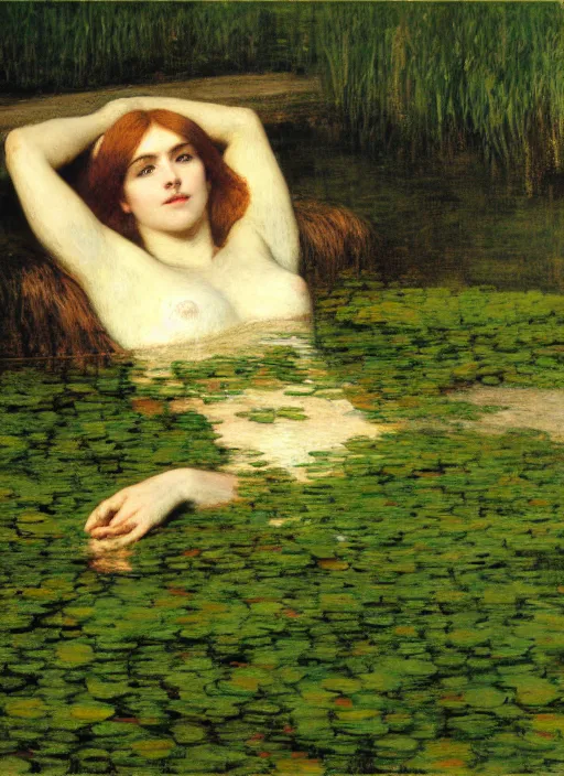 Image similar to lady laying on the river bed amongst the duck weed, underwater shot, submerged, medium shot, on the bed of the river, portrait by john william waterhouse, rosetti, monet, william holman hunt, 8 k