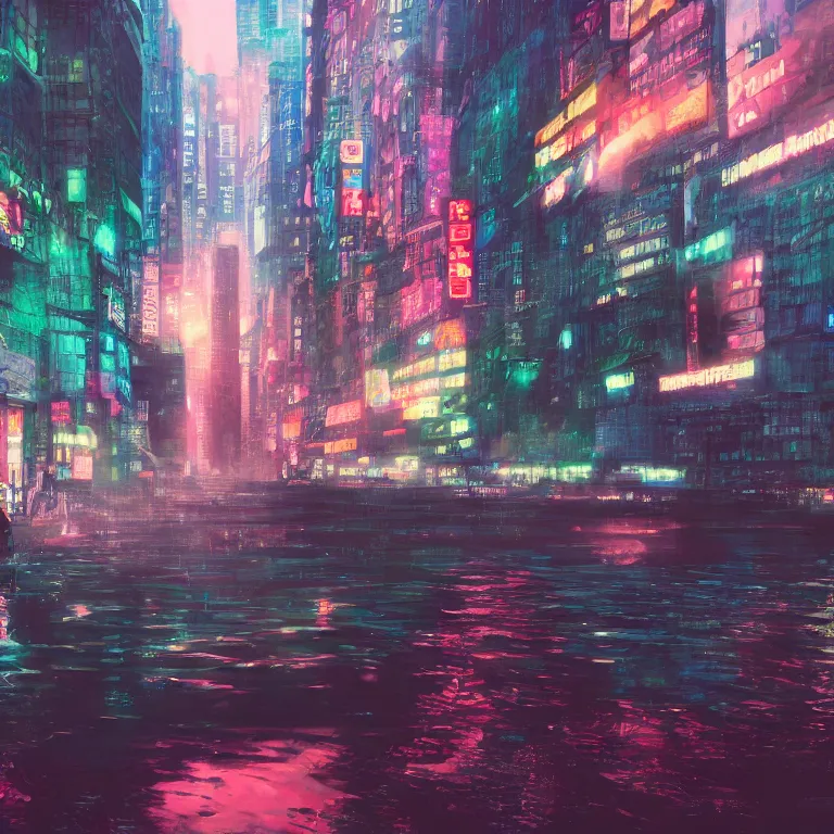 Image similar to a lofi anime protagonist crying a river, new york, deep rich colors, 8 k, award winning, blur, cinematic, neon, cyberwave, cynthwave, hayao miyazaki, makoto shinkai and ilya kuvahinov