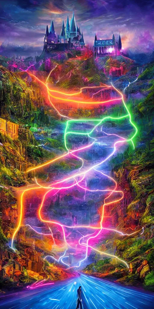 Image similar to neon Harry Poter world, hyper realistic, landscape, nature