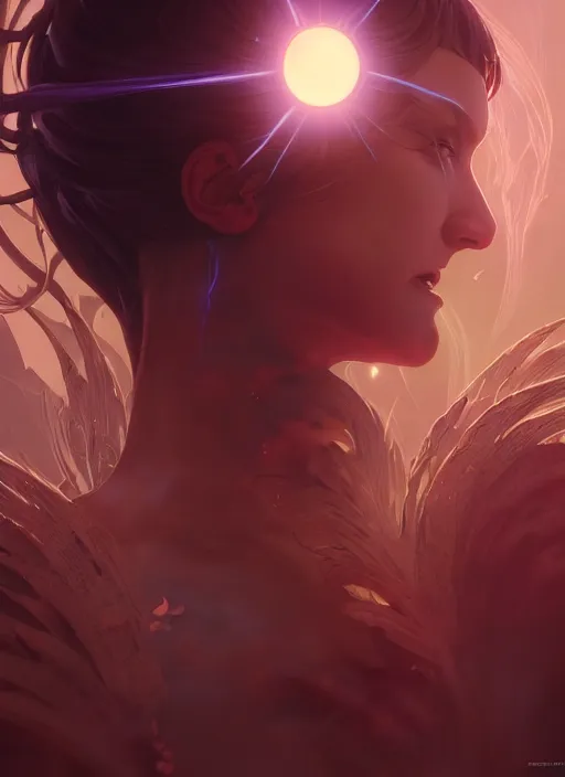 Image similar to highly detailed vfx portrait of a sorceress casting a spell of light and darkness, unreal engine, greg rutkowski, only, once, beeple, makoto shinkai and louis van baerle, ilya kuvshinov, rossdraws, tom bagshaw, alphonse mucha, global lighting, detailed and complex environment