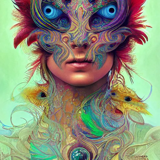 Image similar to A reality bending psychedelic ayahuasca experience, colorful, distorted, surreal, tropical bird feathers, dramatic lighting on the face, intricate, elegant, highly detailed, digital painting, concept art, smooth, sharp focus, illustration, art by Krenz Cushart and Wayne Barlowe and alphonse mucha