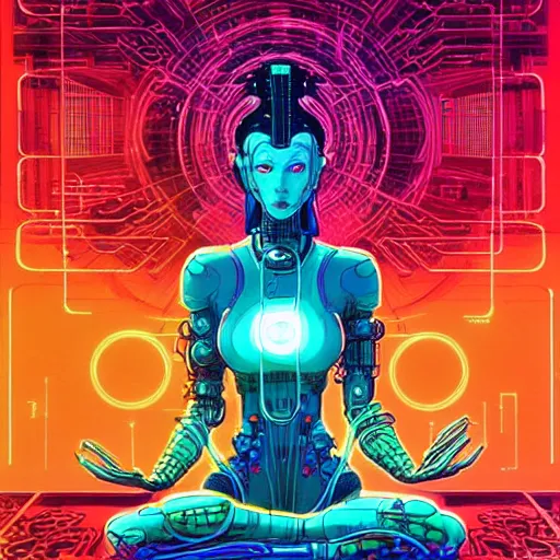 Image similar to a portrait of a beautiful cybernetic woman meditating in lotus pose, wires, cyberpunk concept art by josan gonzales and philippe druillet and dan mumford and enki bilal and jean claude meziere