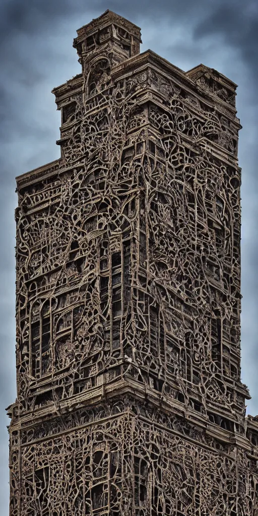 Prompt: a professional photograph of a very beautiful beautiful modern building by Louis Sullivan and H.R. Giger covered in obsidian and ironwork vines, deep crevices of stone, Chiaroscuro, layers of colorful reflections, rusticated stone base, rusticated stone base, rusticated stone base, a dramatic sky, crowds of people climb the building, a dramatic sky, crowds of people , Sigma 75mm, ornate, very detailed, Symmetrical composition, centered, intricate, panoramic, Dynamic Range, HDR, chromatic aberration, Orton effect, 8k, photo by Marc Adamus, painting by Jeremy Mann, cinematic, vignette, vignette tilt-shift, bokeh , atmospheric, trending on artstation