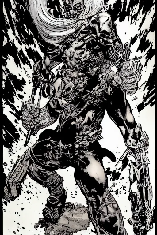 Image similar to A full body portrait of a new antihero character standing on skulls art by Marc Silvestri and Jim Lee, trending on artstation, ominous, mysterious