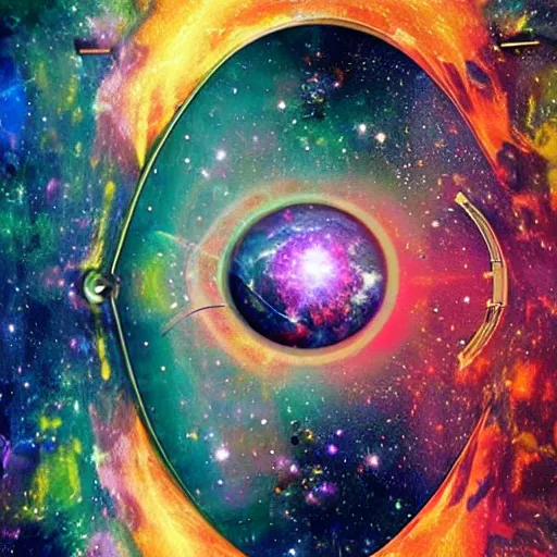 Prompt: psychedelic astronaut opening door that shows us space time and the universe, highly detailed and epic composition.