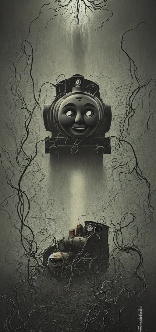 Image similar to thomas the tank engine in style of zdzisław beksinski, extremely dramatic lighting, 8 k, tendrils, black, darkness, black slime tendrils, infected, rust, body horror, thomas the train, thomas the tank engine face, horror,