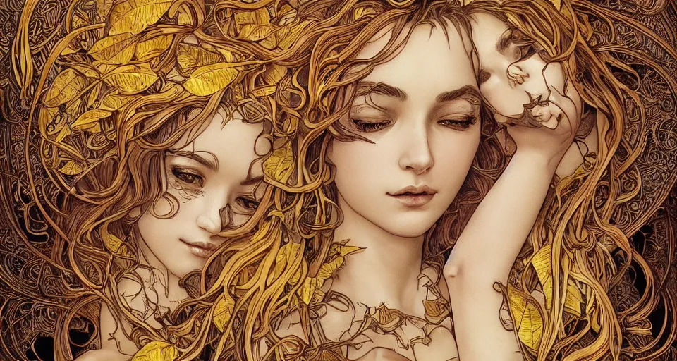 Image similar to golden leaves at frame border, creative!!! composition for a book cover!!!, absurdly beautiful, ultrafine hyperrealistic detailed old!! witch face by wlop and artgerm and alphonse mucha, intricate linework, sharp focus, smooth, octopath traveler, final fantasy, unreal engine, dramatic lighting, ethereal, 8 k