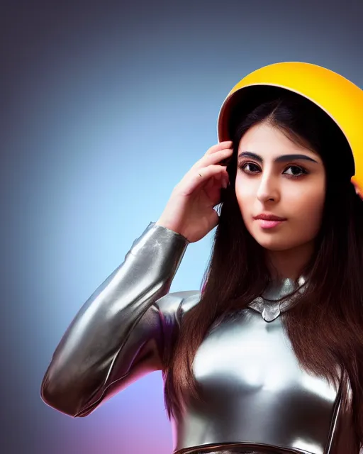 Prompt: centered medium shot fine studio photograph of a beautiful persian girl wearing only a mecha electronic persian helmet with bright lights, ultra-realistic, white background, 8k HDR sunset lit, intricate