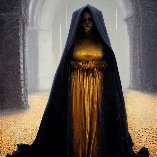 Image similar to a portrait of a young woman wearing a long dark cloak, hood and shadows covering face, holding golden chains, oil painting, matte painting, black background, Volumetric Golden dappled dynamic lighting, Highly Detailed, Cinematic Lighting, Unreal Engine, 8k, HD, by Beksinski