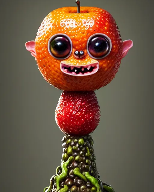 Image similar to portrait of a cute fruit figurine monster made of different fruit, standing in a forest, staring wide open eyes, open mouth, very detailed eyes, trees in the background, sunlight, oil painting, highly detailed, dramatic lighting, hyperrealistic, 8 k, smooth, intricate, artstation, cgsociety, by artgerm, by wlop