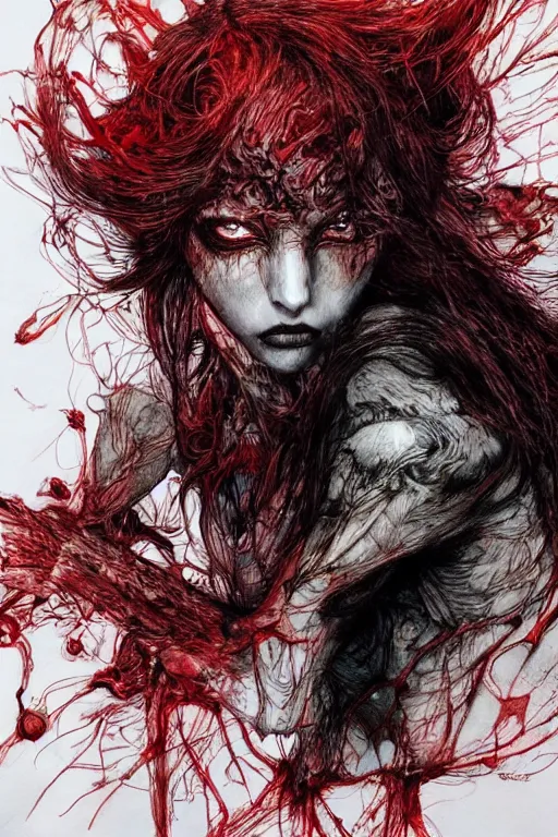 Image similar to portrait of a beautiful woman transforming into a terrible werewolf, torn red clothes, pen and ink, intricate line drawings, by Yoshitaka Amano, Ruan Jia, Kentaro Miura, Artgerm, watercolor
