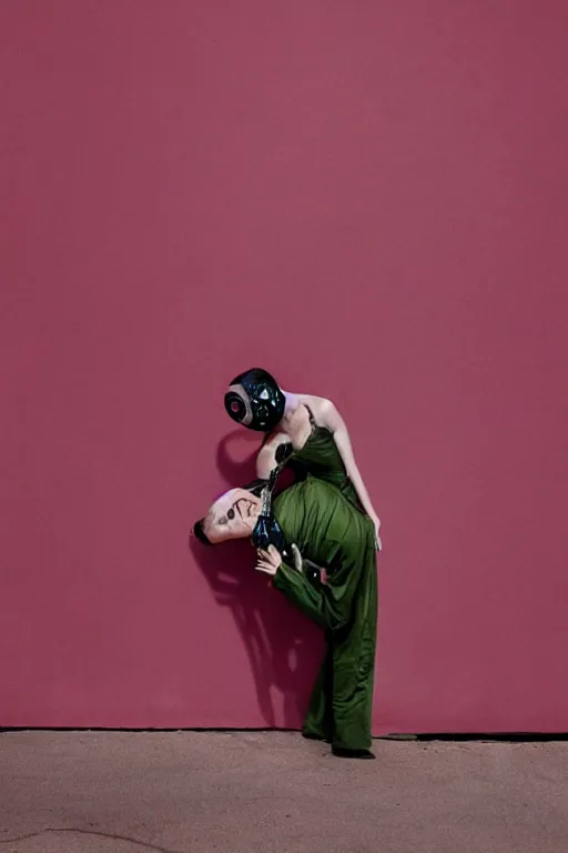 Image similar to a surreal portrait of intertwined and contorted figures wearing gas mask next to a pink wall in the style of brooke didonato, editorial fashion photography from vogue magazine, full shot, nikon d 8 1 0, ƒ / 2. 5, focal length : 8 5. 0 mm, exposure time : 1 / 8 0 0, iso : 2 0 0