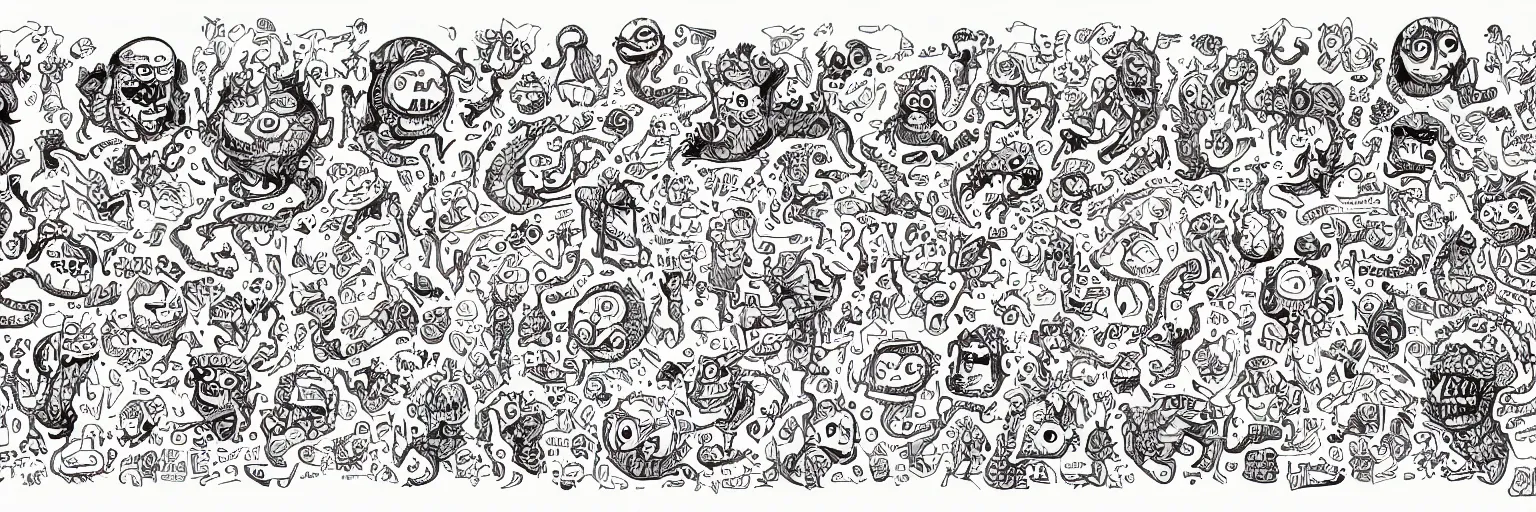 Image similar to monster colored doodle art, character sheet, fine details, concept design, colored, contrast, kerby rosanes, the doodle boy, trending on artstation, 8 k, ultra wide angle