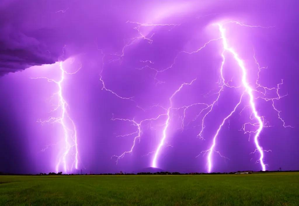 Prompt: purple color lighting storm a tornado on the ground