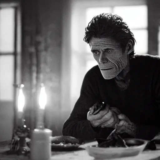 Prompt: willem dafoe in a dark room eating a frog, black and white, cinematic lighting, film still from the movie The lighthouse 2019