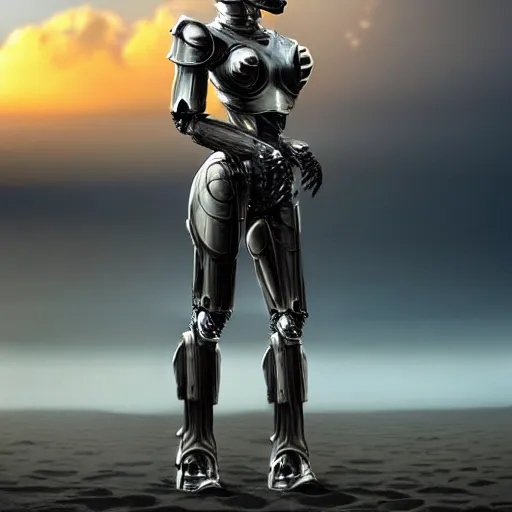 Image similar to cinematic body shot, realistic detailed stunning beautiful armored humanoid anthropomorphic female robot dragon, looking to the side with an elegant pose of hand on hip, smooth and streamlined armor and design made of steel, sharp claws and sharp teeth, high quality head, Slick LEDs, on the beach during sunset, high quality, cinematic art, sci fi, sunset lighting, 3D render, 8k, artstation, deviantart, furaffinity