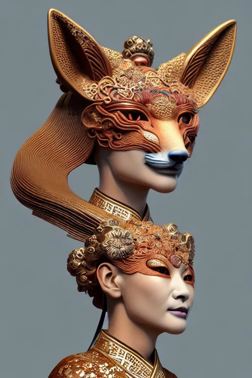 Image similar to 3 d goddess close - up profile portrait. beautiful intricate highly detailed korean fox mask and traditional korean hanbok. stingray, magpie, bio luminescent, plasma, lava, ice, water, wind, creature, artwork by tooth wu and wlop and beeple and greg rutkowski, octane 3 d render