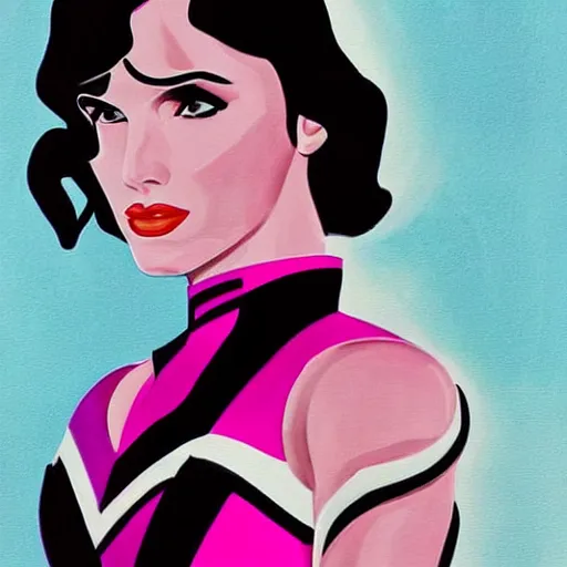 Image similar to a streamline moderne painting of gal gadot as the pink power ranger in the style of keanu reeves, and in the style of michael jackson. symmetry, smooth, sharp focus, semi - realism, intricate detail.