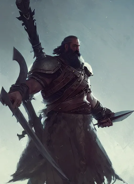 Image similar to epic bearded war commander with gigantic sword and large shield. highly detailed, digital painting, concept art, smooth, sharp focus, illustration, art by greg rutkowski