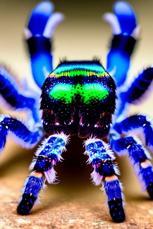 Image similar to high quality macro photo iridescent tarantula! jewelled supercute! highly detailed david ligare elson peter cinematic blue lighting high quality low angle hd 8k sharp shallow depth of field